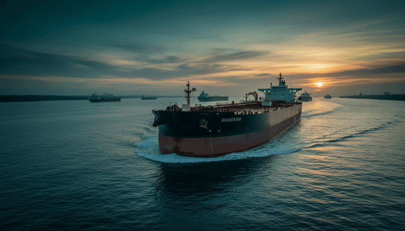 A laden oil tanker riding low in the water at dusk in a narrow strait, its hull unmarked and its flag indistinct, more tankers waiting at anchor in the haze behind it