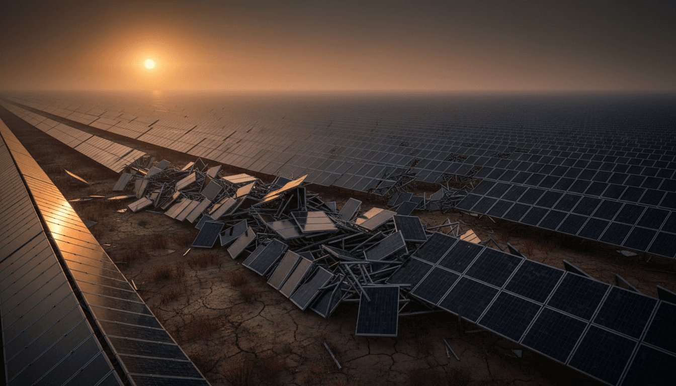 An endless field of solar panels stretching to the horizon, one section toppled and stacked like discarded surplus under a low hazy sun.