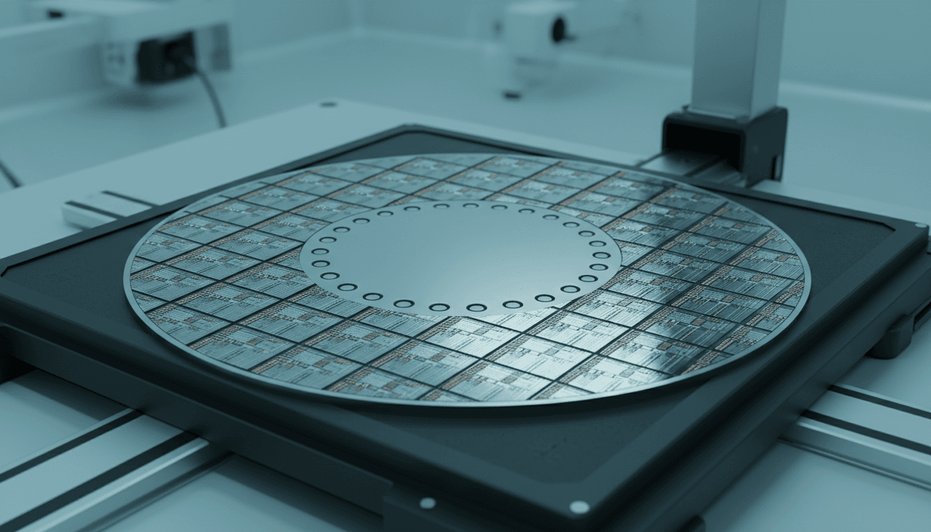 A silicon wafer on a cleanroom stage under bright process lighting, most of its die sites finished and gleaming, but a wide ring near the center left blank and unetched, like empty memory sockets waiting for stacks that have not been delivered