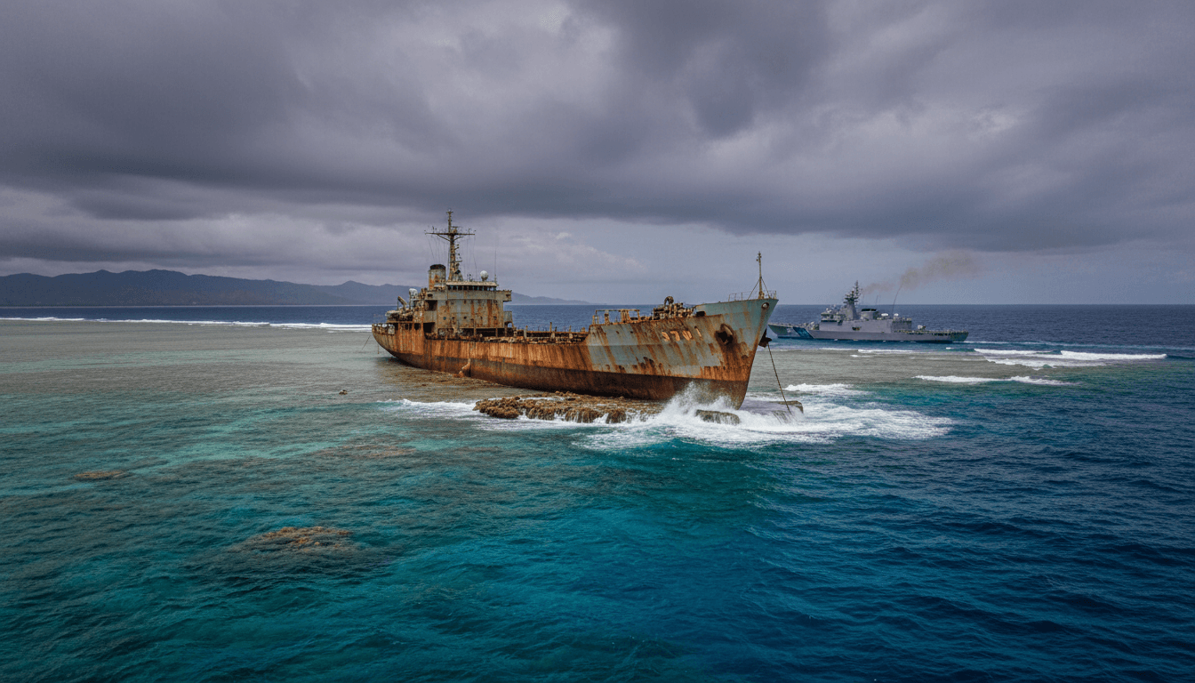 A rust-streaked landing ship grounded on a shallow coral reef, waves breaking around its hull, with a grey coast-guard cutter idling nearby under a heavy overcast Pacific sky