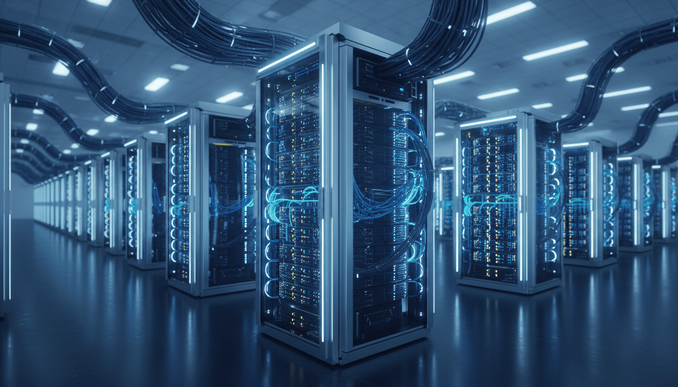 Rows of AI server racks strung with thick bundled fiber-optic cables inside a vast convention hall, cool blue-white light reflecting off polished processor modules, dramatic scale, no people, no text, no logos