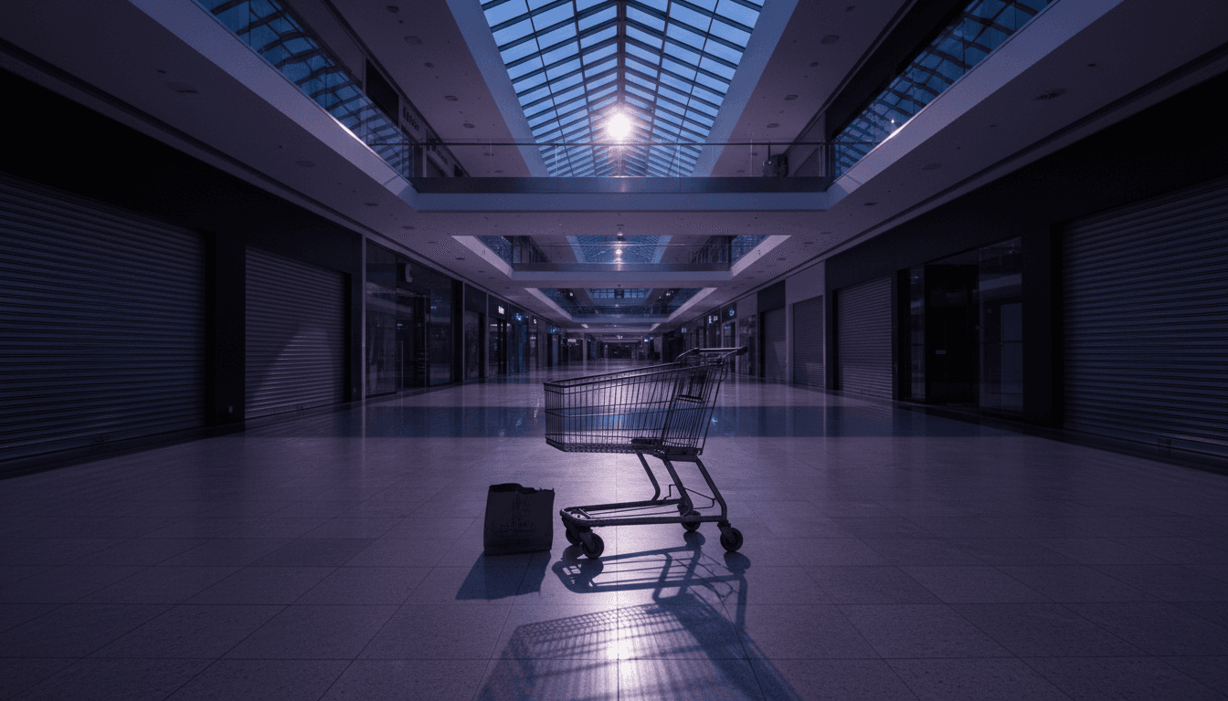 A near-empty shopping-mall atrium at dusk with shuttered storefronts and one abandoned shopping cart under cold light.
