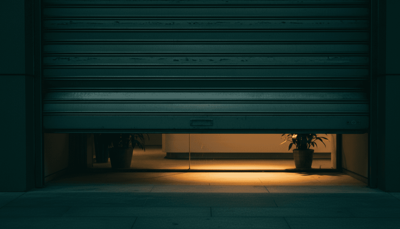 The rolling steel security shutter of a small urban bank branch in China, half lowered at dusk, one warm light still glowing behind the glass inside, no text, logos, or signage visible