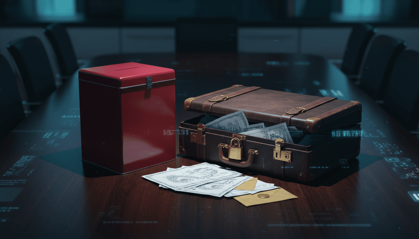 A single red ballot box beside a locked leather travel suitcase on a dark boardroom table, papers and stock certificates spilling out, dramatic side lighting, cinematic and photographic