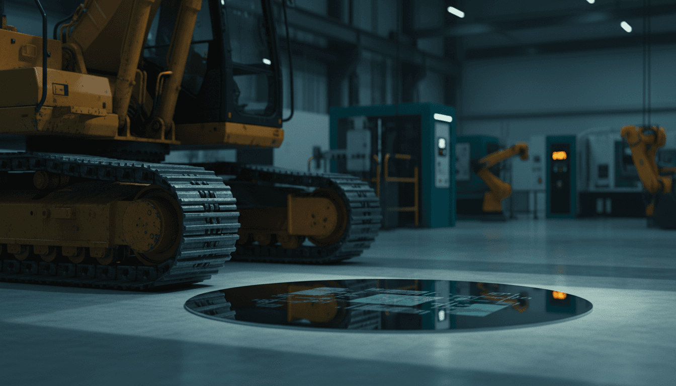 A single mirror-polished silicon wafer resting on a factory floor beside the tracks of a yellow heavy excavator, cleanroom light glinting off its surface