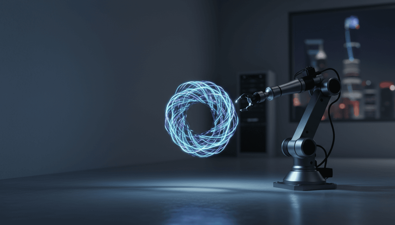 A small robotic arm in a minimalist Shanghai lab reaching toward a tight, glowing loop of light trails that fold back on themselves in the air, graphite grey walls, cinematic side lighting, shallow depth of field, no text or logos