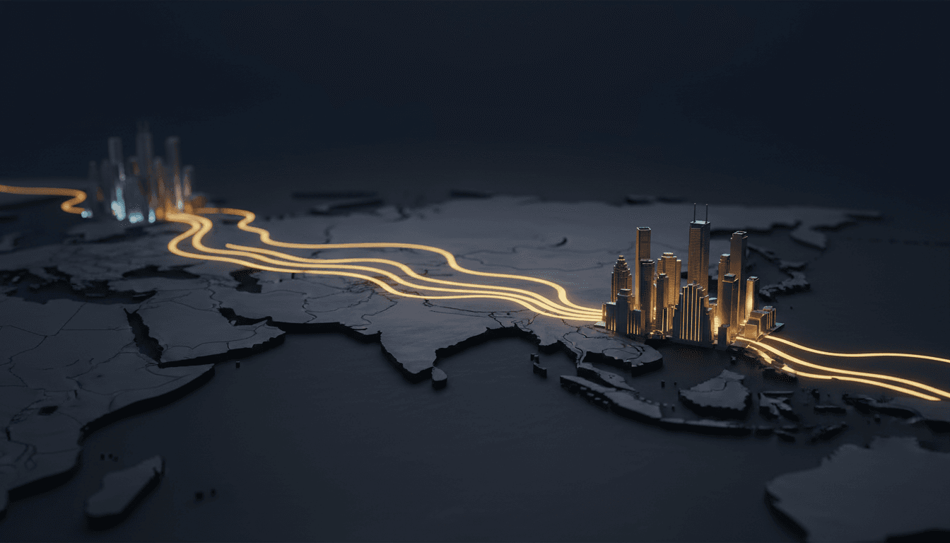 Luminous golden streams of light flowing across a dark relief map of Asia, converging on glowing Mumbai skyscrapers and thinning away from a dim Chinese skyline.