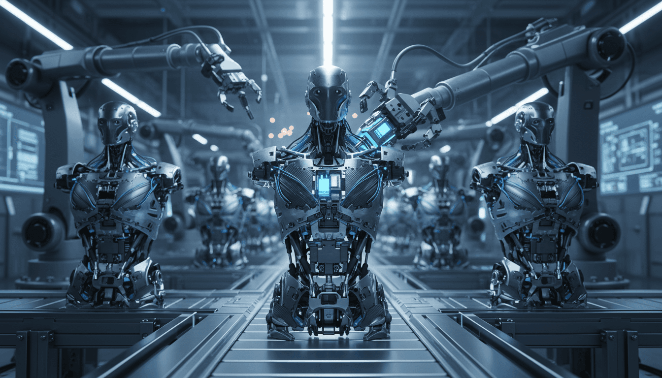 A row of humanoid robot torsos mid-assembly on an industrial production line inside an electronics factory, robotic arms fitted with mechanical hands under bright factory lighting, cinematic and photographic, no text or logos