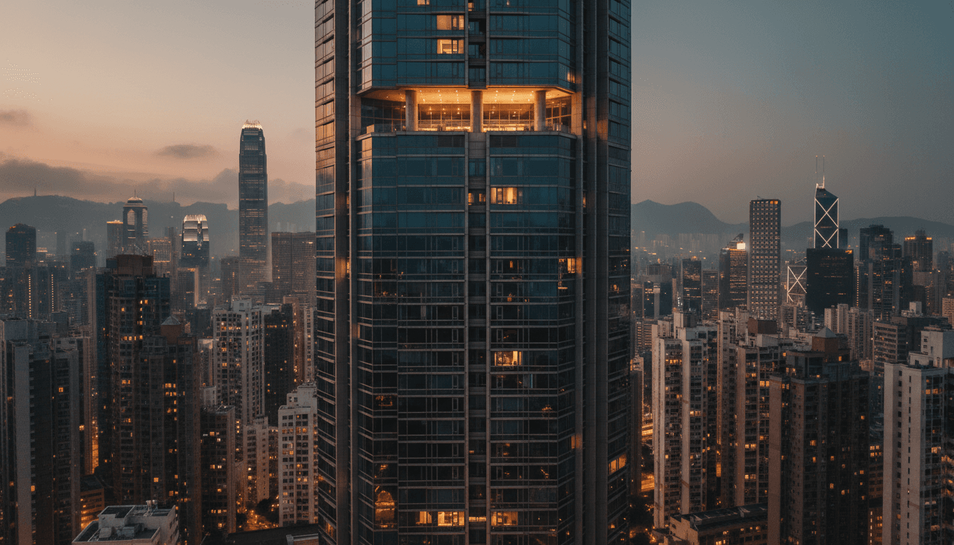 A glass-and-steel luxury residential tower on Hong Kong's Peak at dusk, seen from below against a dense skyline, with a single lit penthouse floor standing out among darkened units below it