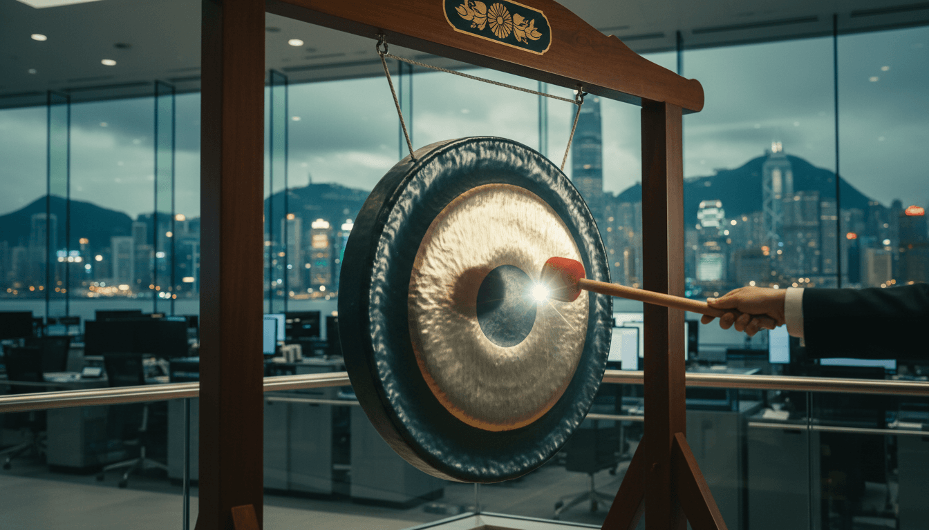 A brass ceremonial gong mid-strike on a Hong Kong stock exchange trading floor, its polished surface catching bright camera-flash light, a glass curtain wall and the Victoria Harbour skyline blurred beyond