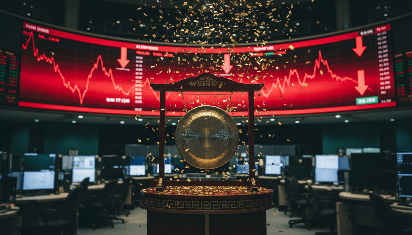 A brass ceremonial gong and opening-bell podium on a Hong Kong stock exchange trading floor, gold confetti still falling around it, with a large trading screen behind it glowing deep red with several sharply descending price-arrow charts