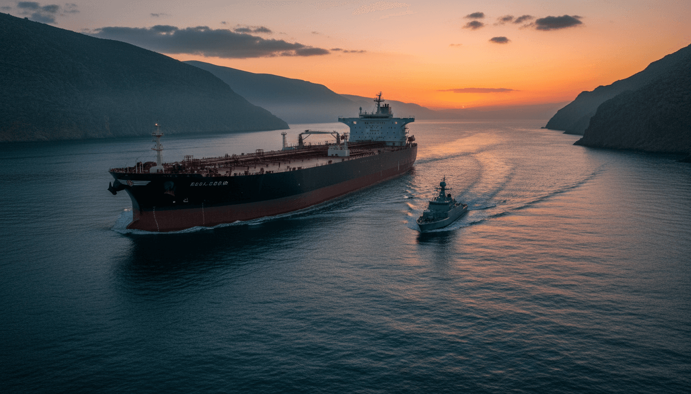 A single large crude oil tanker moving through a narrow strait at dusk, escorted by a small grey patrol vessel, dark water reflecting an orange horizon, no text or flags