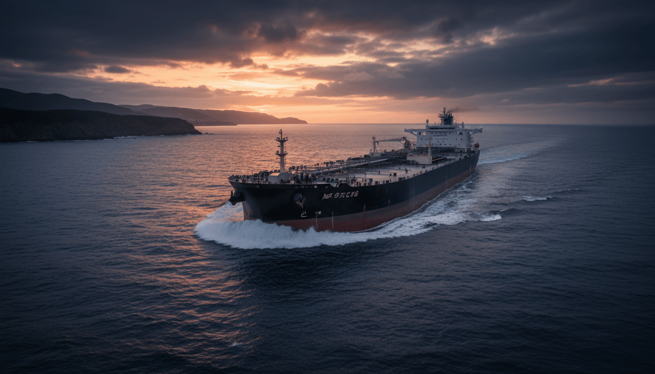 A fully loaded oil supertanker banking away from a narrow strait toward open ocean under a darkening sky, telephoto shot at dusk with churning wake at the bow