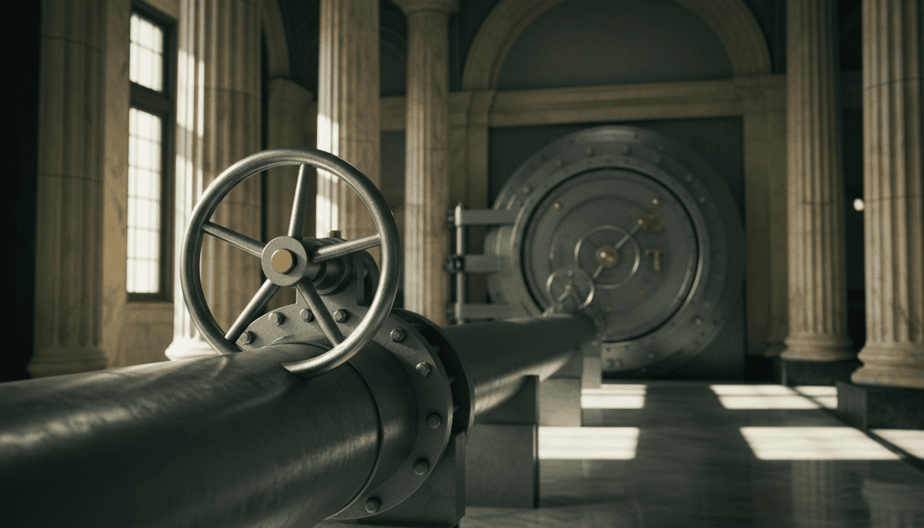 A polished stainless steel valve wheel partway closed on a wide pipe that feeds into the vault door of a grand marble-columned bank, dramatic side lighting, shallow depth of field, cinematic photographic style