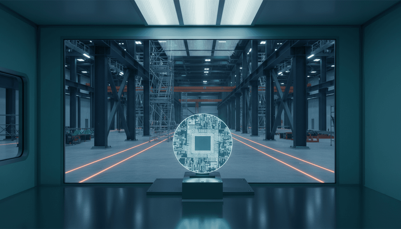 A single silicon wafer glinting under sterile cleanroom light inside a mostly empty, still-under-construction fabrication bay, with exposed steel girders and scaffolding visible beyond the cleanroom glass