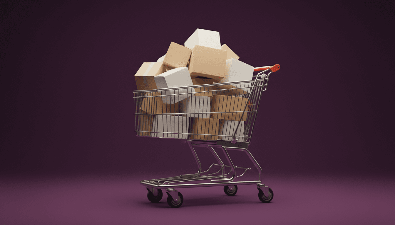 An overflowing shopping cart heaped with plain unbranded boxes, glowing under bright retail light against a deep plum backdrop.