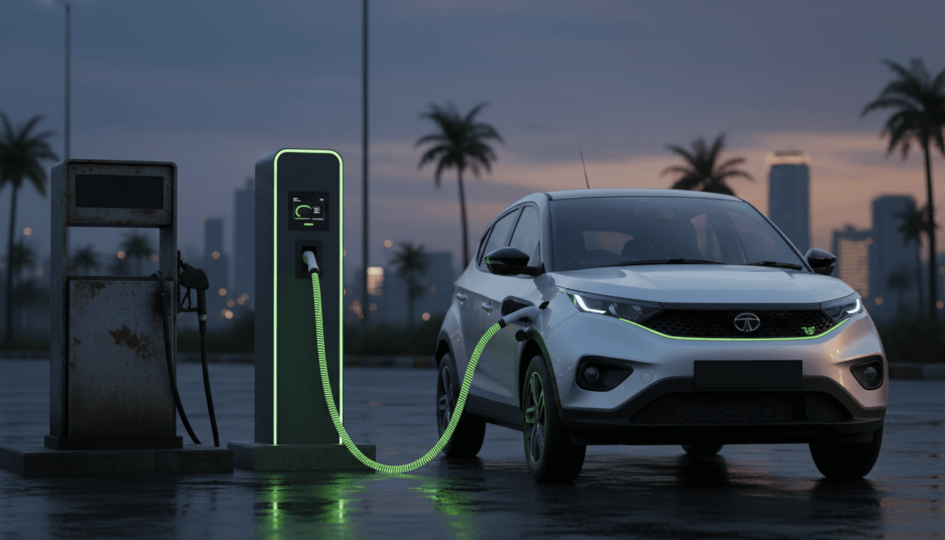A single silver electric hatchback plugged into a roadside charging pillar in India at dusk, its cable glowing faintly, with an unused petrol pump nozzle blurred in the background