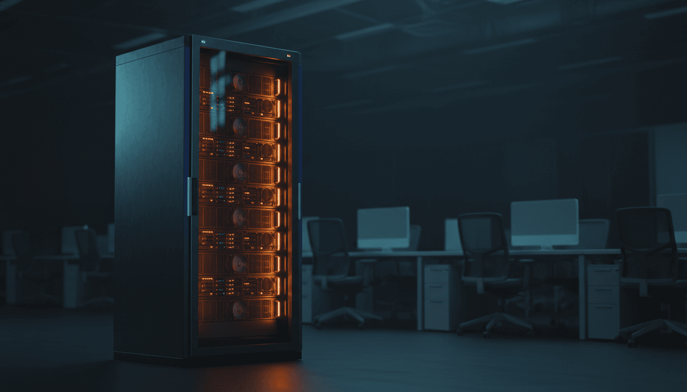 A single sleek server rack glowing warm amber at the front of a darkened data hall, with rows of dim, empty office desks and chairs receding into shadow behind it, evoking the shift from headcount to AI compute. Deep indigo and graphite tones with warm amber light, cinematic, shallow depth of field, no people.