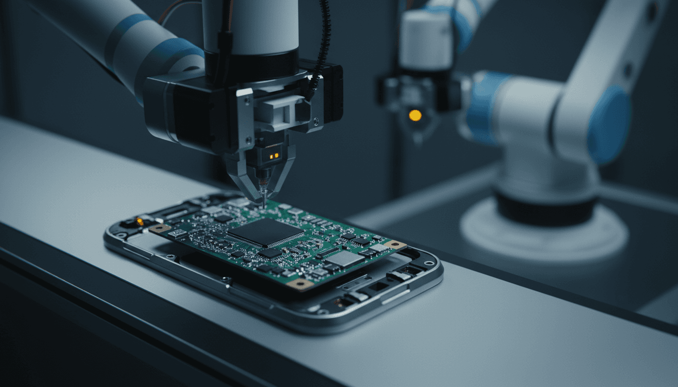 A close-up of a green printed circuit board and a smartphone chassis mid-assembly on an automated electronics production line.