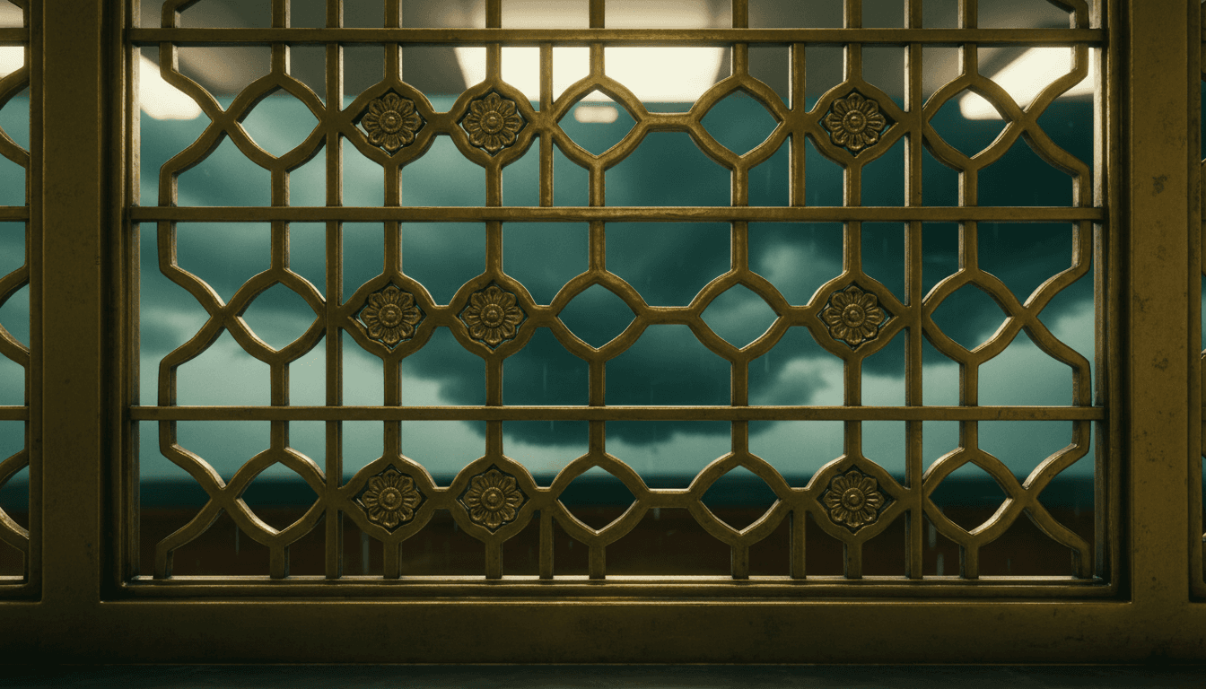Close-up of a brass teller's counter window at an Indian bank branch, warm interior light on the polished metal grille, dark monsoon storm clouds visible in its reflection