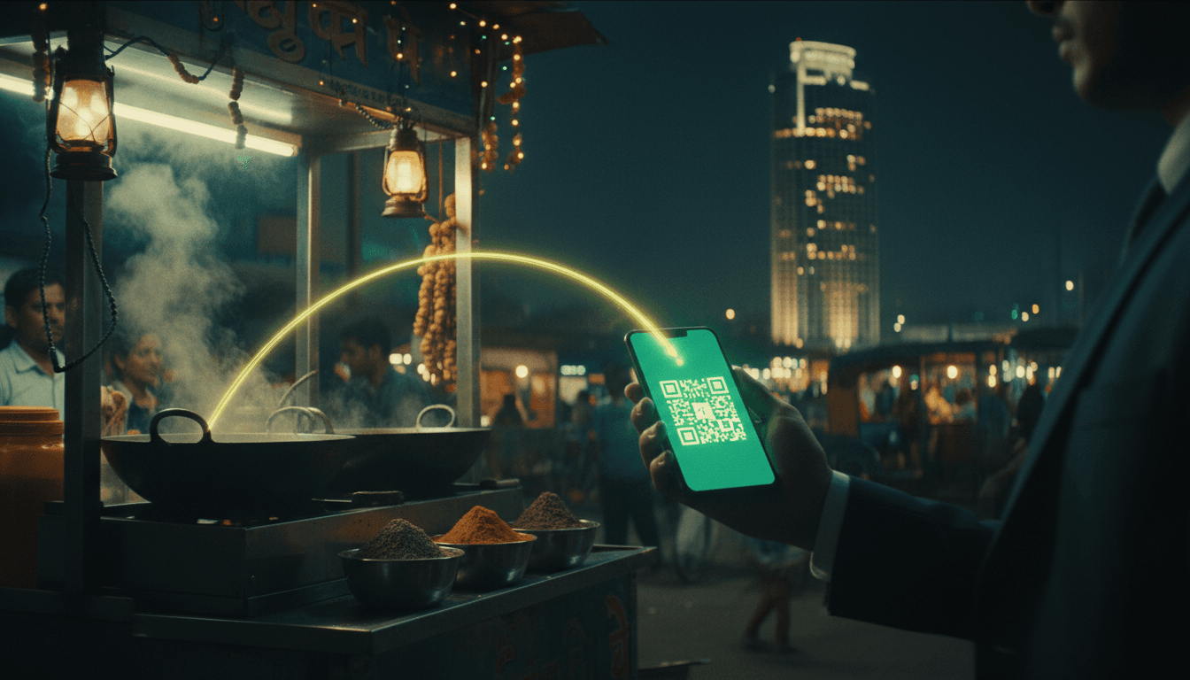 A smartphone showing a glowing QR-code payment scan at a bustling Indian street stall at night, a thread of light linking it toward a distant bank tower.