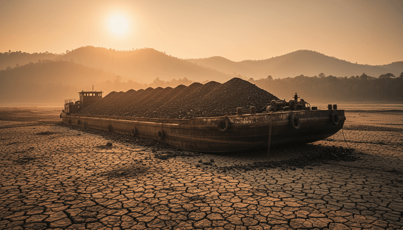 A heavily loaded coal barge stranded on the cracked, sun-baked bed of a Kalimantan river, dark coal chunks piled high on its deck, mist-shrouded jungle hills in the distance, warm late-afternoon light