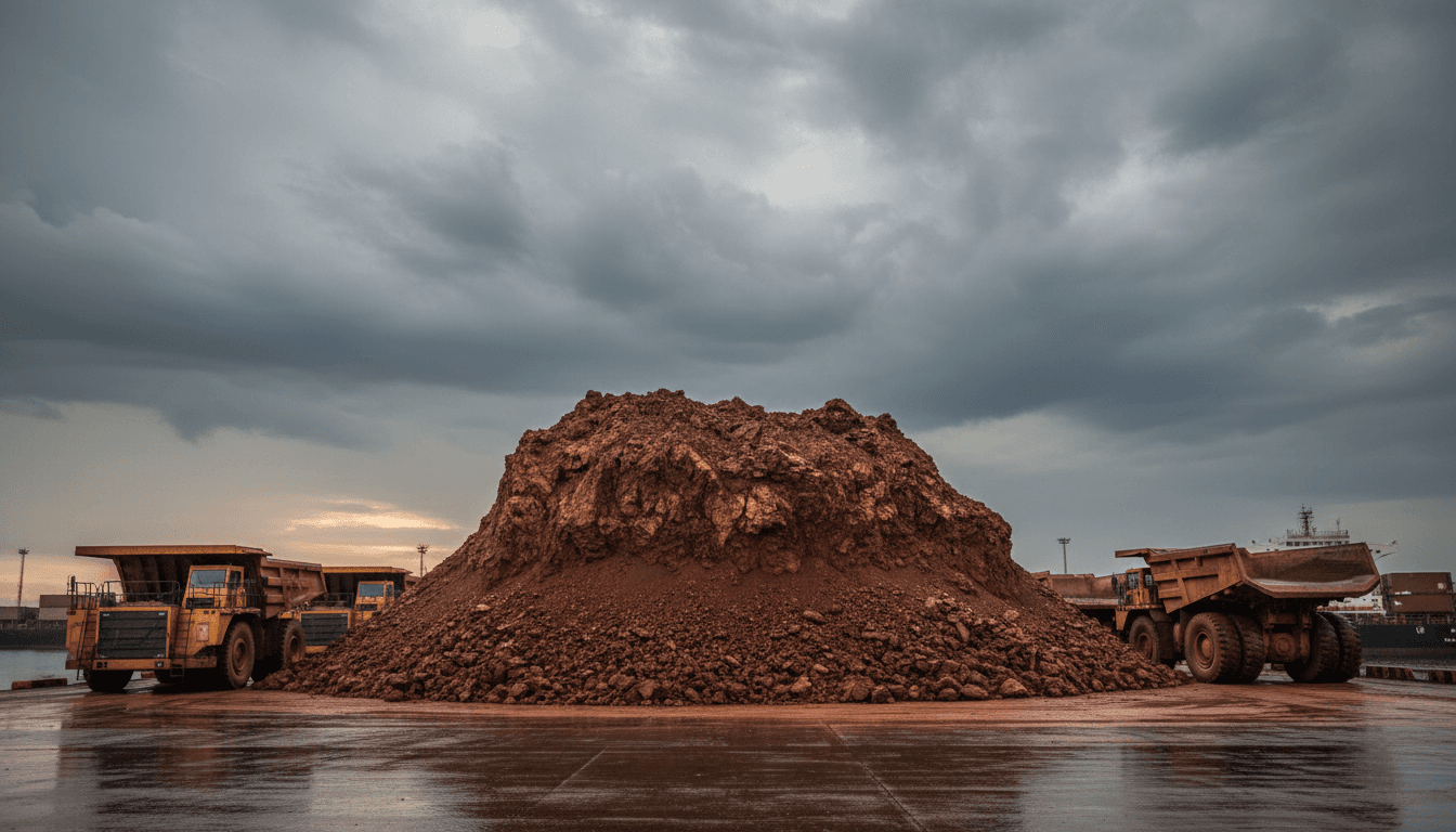 A towering stockpile of raw red-brown laterite nickel ore beside empty haul trucks at an Indonesian Sulawesi mining port, under a heavy grey monsoon sky