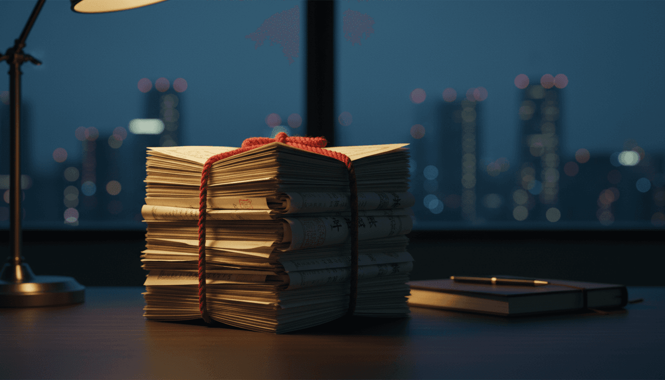 A high stack of Japanese government bond certificates bound with red string, catching warm desk-lamp light in a dim Tokyo trading office at dusk, city lights blurred beyond the window