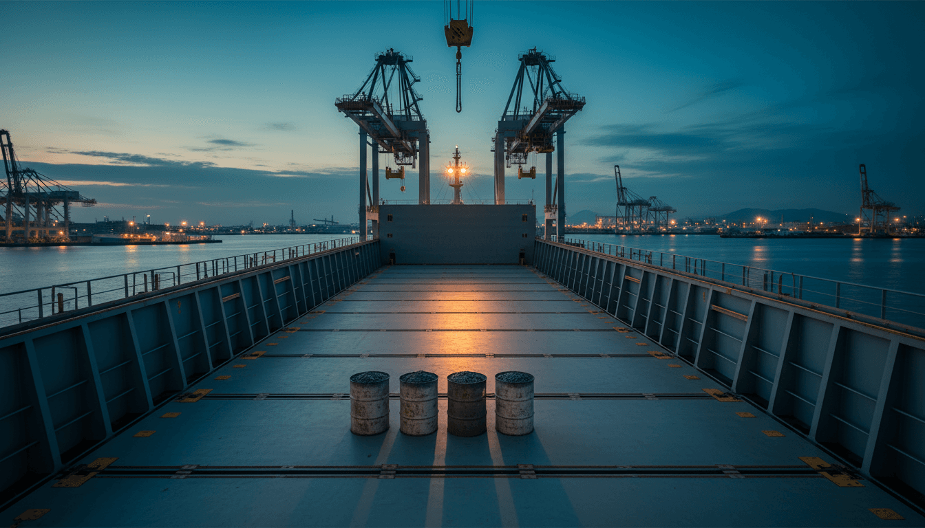 The open cargo hold of a container ship docked in Japan at dusk, holding only a few small steel drums of raw ore instead of a full load, gantry cranes standing idle overhead