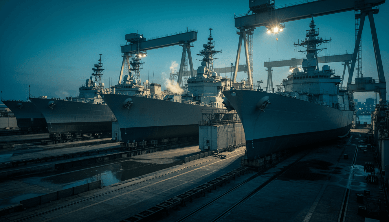 A row of grey naval destroyer hulls under construction inside a Japanese shipyard dry dock at dusk, floodlights illuminating scaffolding and crane arms overhead