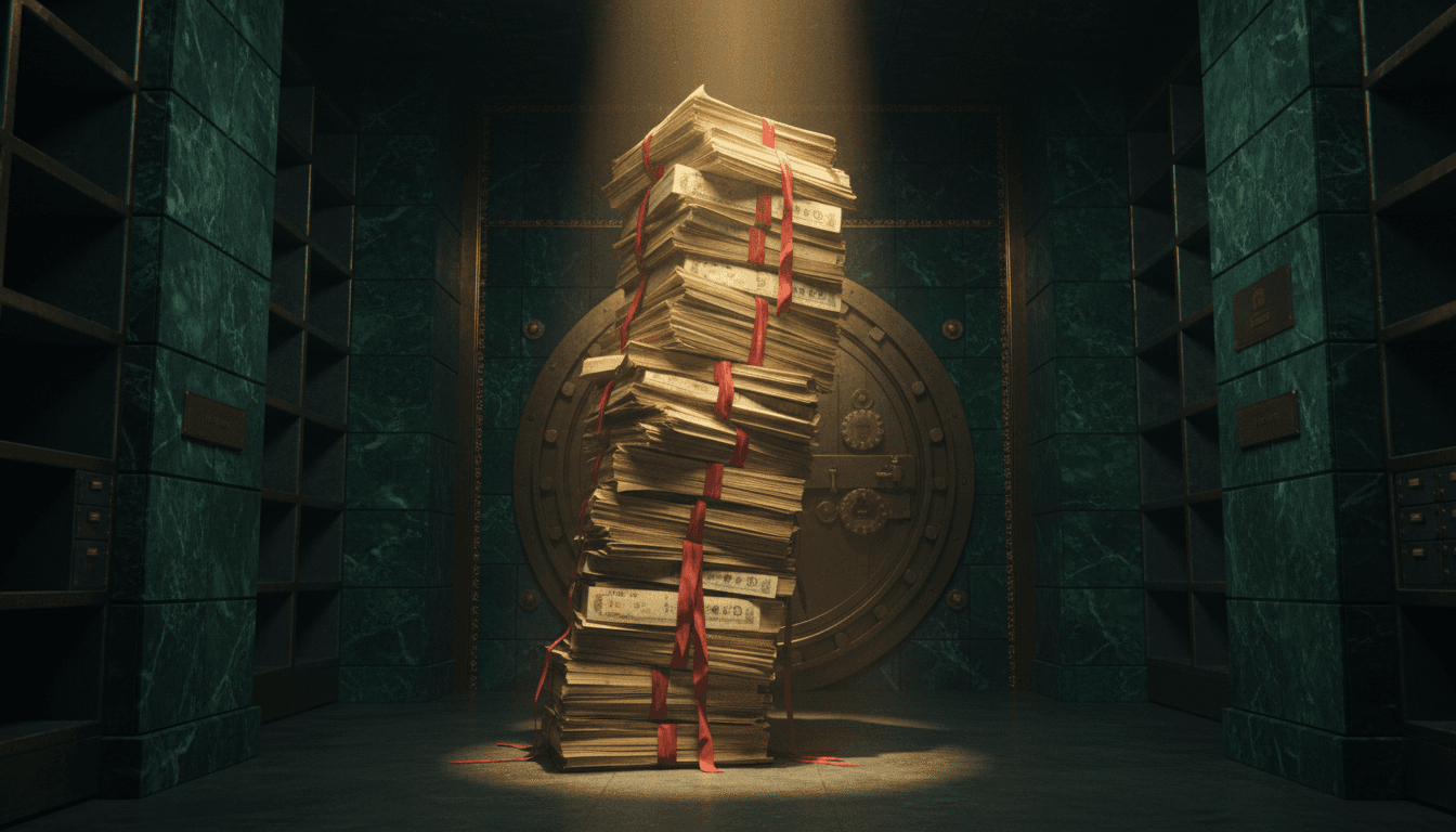 Inside a Tokyo life-insurance company vault, a tall stack of Japanese government bond certificates leans precariously, its upper sheets curling and yellowed with age, lit by a single shaft of light