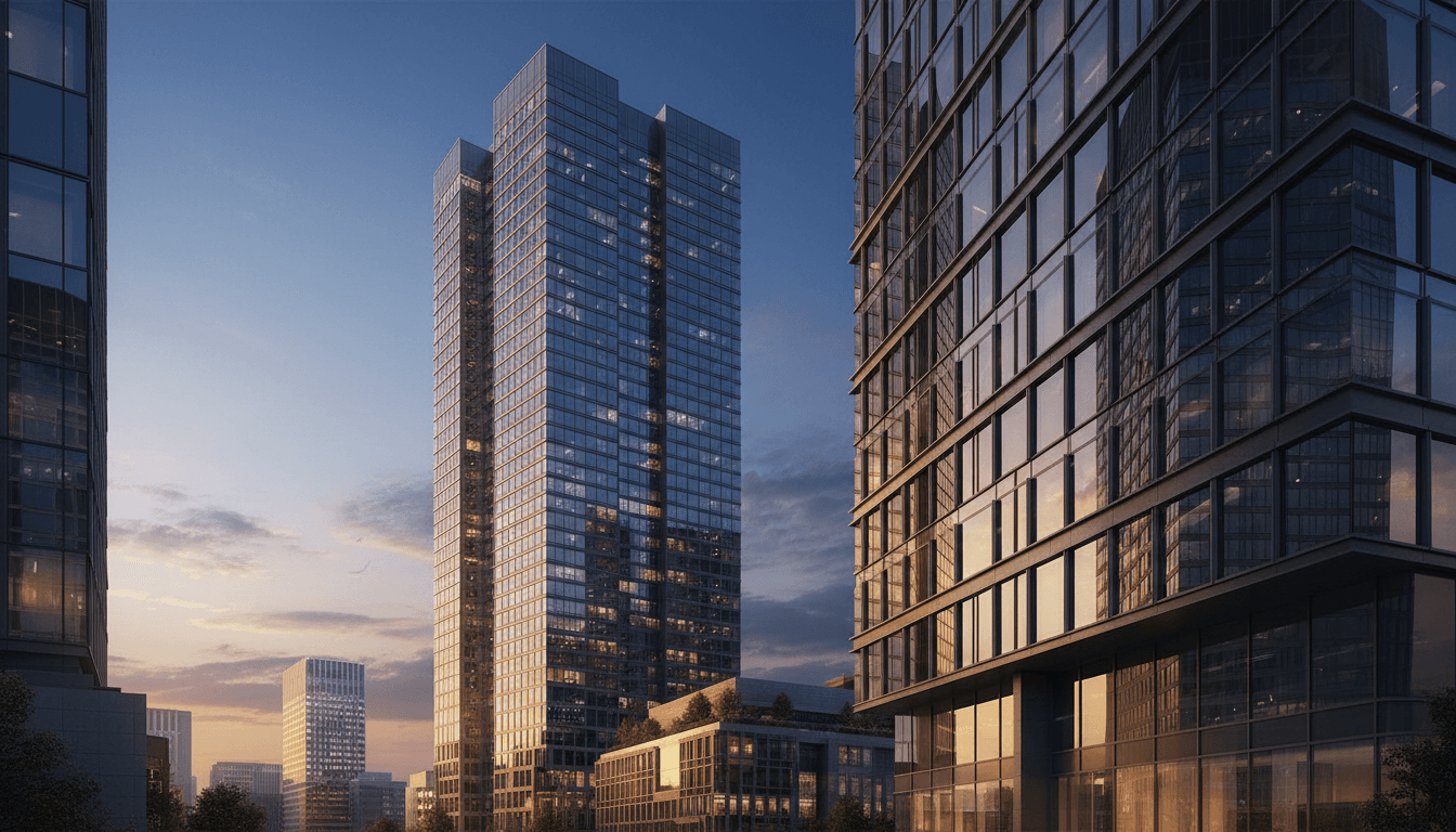 A gleaming modern Tokyo office tower at golden hour, mirrored in an adjacent glass facade, rising against a clear sky.