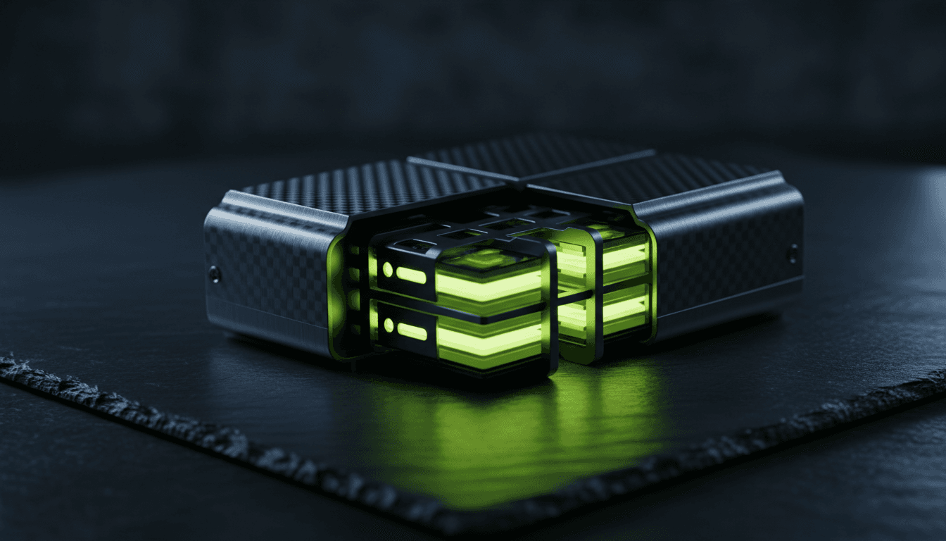 A sleek cutaway EV battery module glowing from within with layered cells, on a dark reflective surface under studio light.
