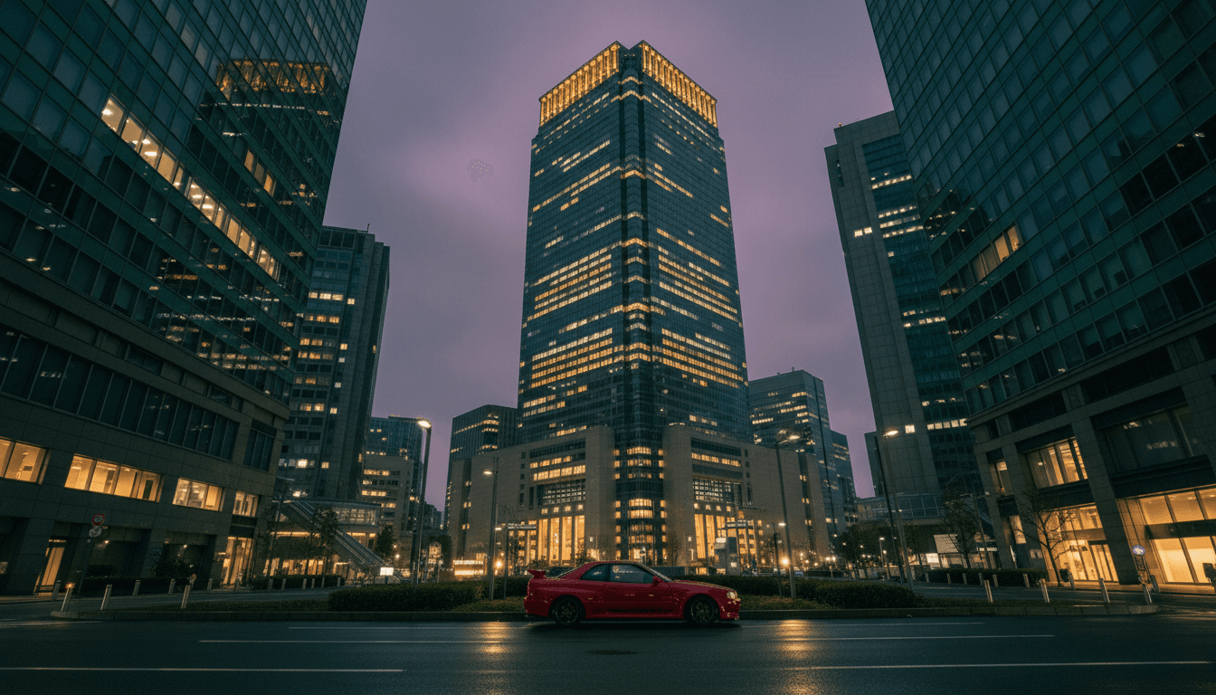 A glass and steel megabank tower in Tokyo's Marunouchi financial district lit gold at dusk, dwarfing a single red sedan parked on the street far below