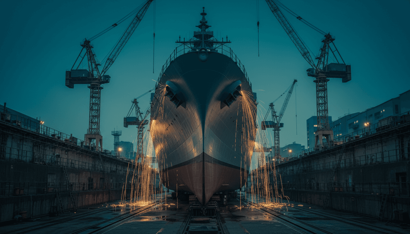 A half-built grey steel warship hull inside a Japanese shipyard dry dock at dusk, tower cranes overhead, welding sparks glinting against the hull plates, empty of people, no flags or markings
