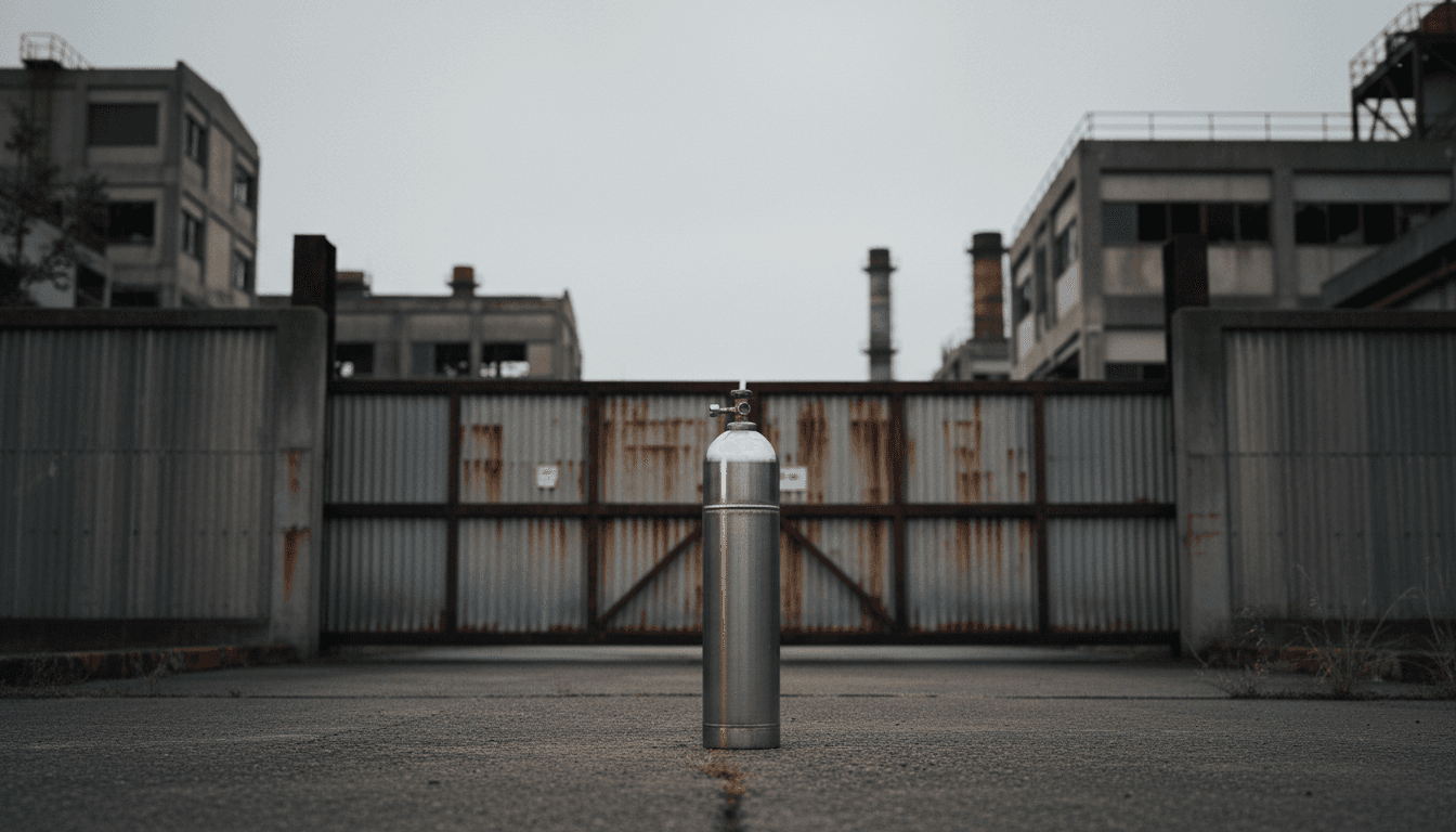 A single stainless-steel tungsten hexafluoride gas cylinder standing alone on an empty factory loading dock outside a shuttered Japanese chemical plant, flat overcast industrial light, no people, no text, no logos