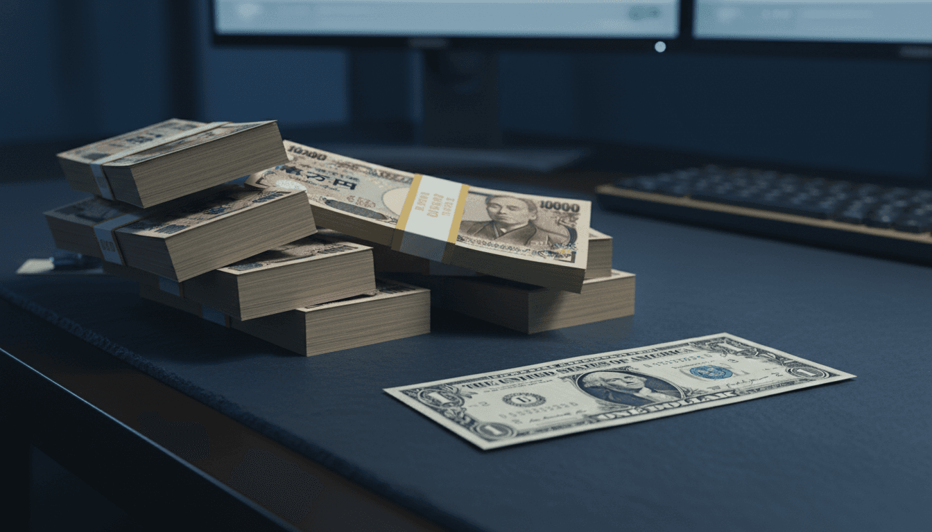 A thick stack of Japanese 10,000-yen banknotes visibly toppling next to a single crisp US dollar bill on a dark trading desk, cold blue overhead light, shallow depth of field, cinematic and photographic