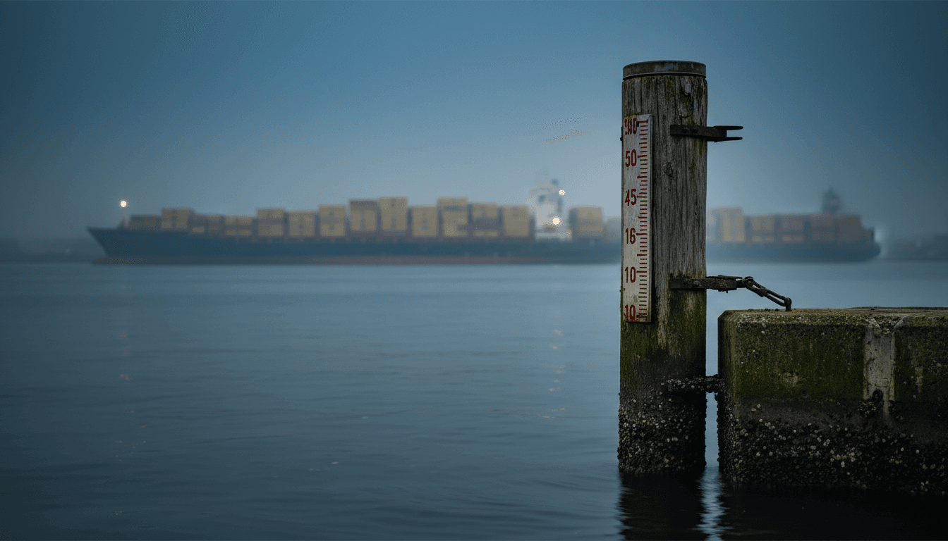 A weathered wooden tide gauge post on a Tokyo harbor piling, its painted high-water mark sitting well above the current waterline, container ships fading into harbor mist behind it