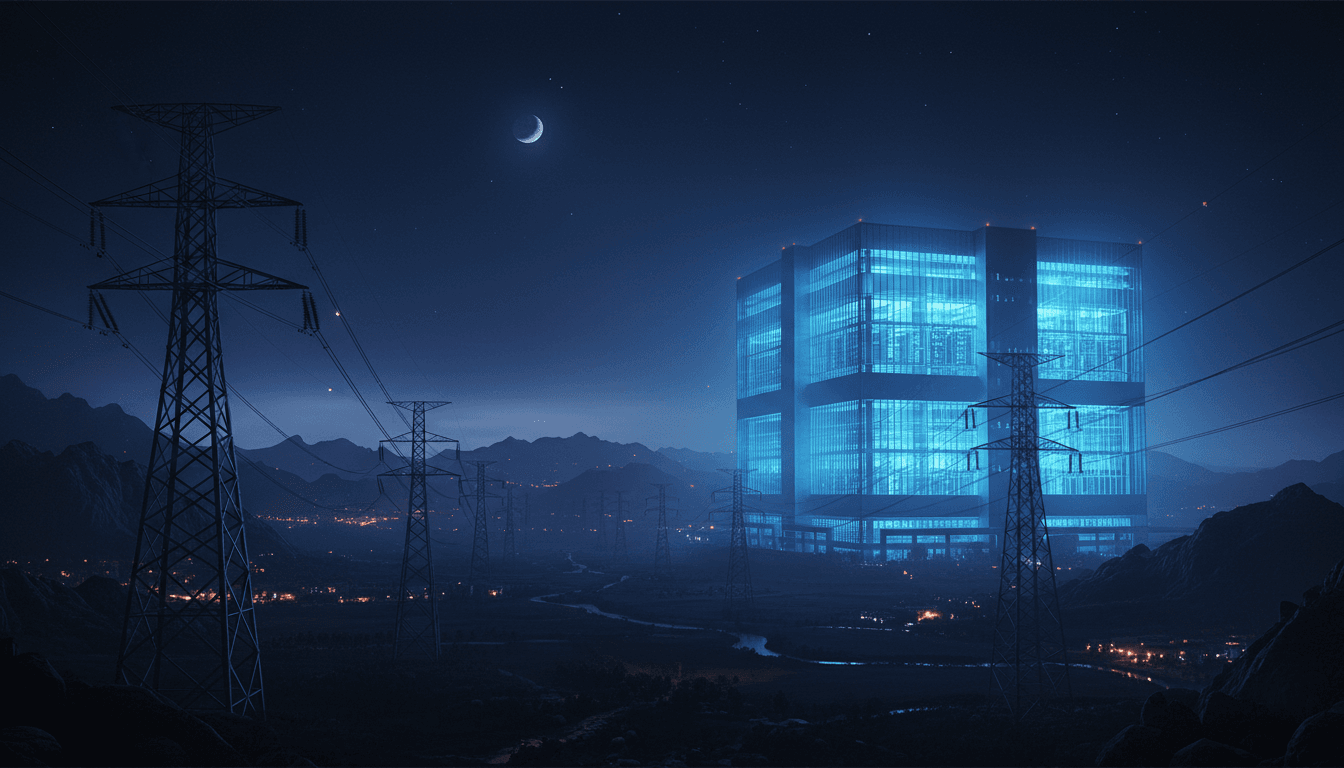 A large data-center building glowing blue at night, high-voltage transmission towers and power lines marching toward it across a dark landscape.