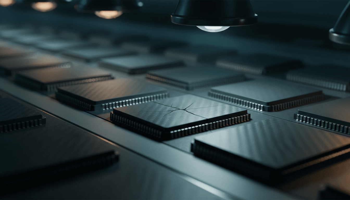 A row of dark graphite-grey flash-memory chip modules on a factory conveyor belt under harsh inspection-line lighting, one module cracked down its center with a fine fracture line running through it, macro photographic detail, shallow depth of field