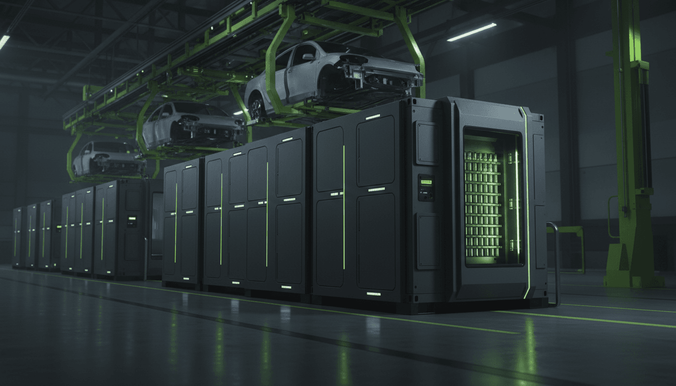 A row of grey shipping-container-sized battery energy-storage units on a factory floor, with an idle electric-vehicle assembly line stretching into the background