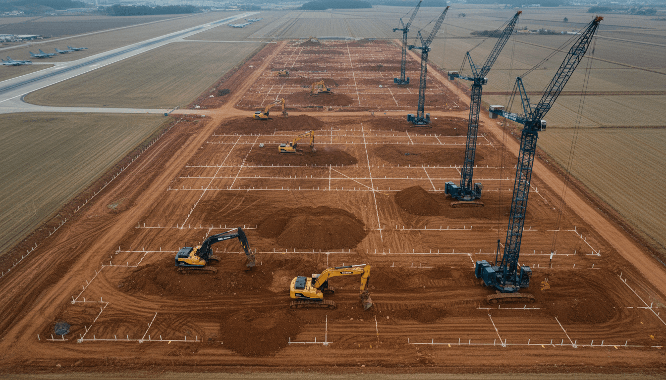 An aerial view of excavators and cranes breaking ground on bare red-clay farmland beside a South Korean military airfield runway, survey stakes marking out foundation grids for a new chip fabrication plant under an overcast sky.
