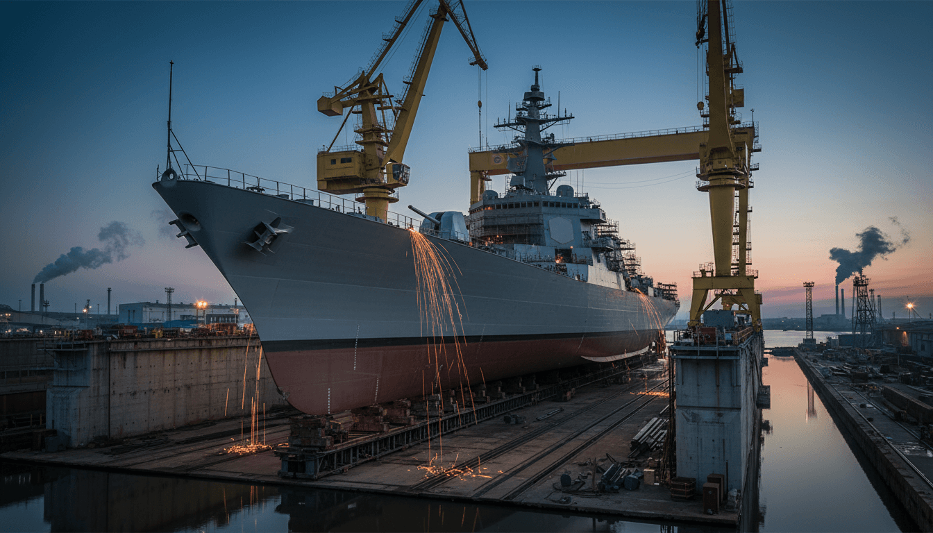 A vast open-air shipyard dry dock at dusk, the grey half-built hull of a large naval destroyer cradled beneath towering yellow gantry cranes, steel scaffolding and welding sparks scattered across the structure, no people or text visible, wide cinematic industrial photograph