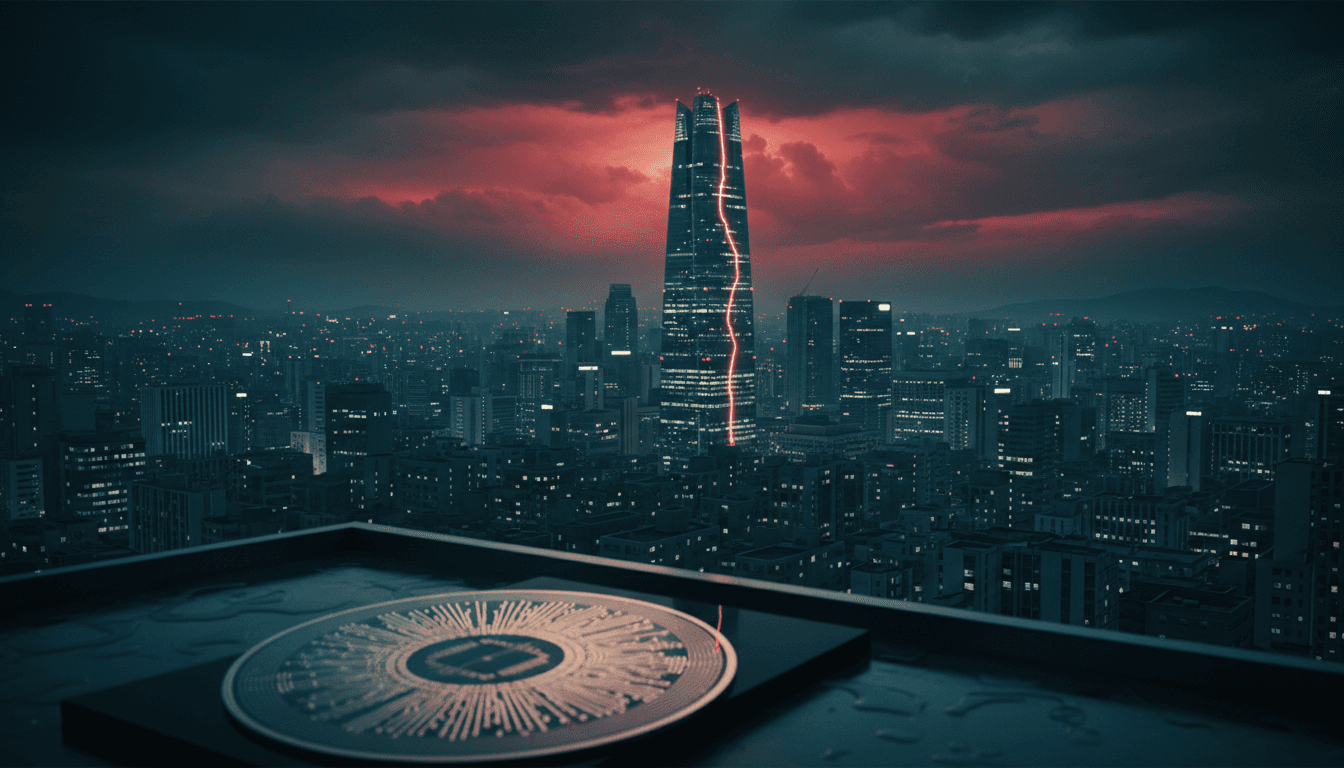 The dark Seoul skyline under a stormy red-tinged sky, a single skyscraper fractured by a downward jagged slash of red light, a silicon wafer glinting in the foreground.