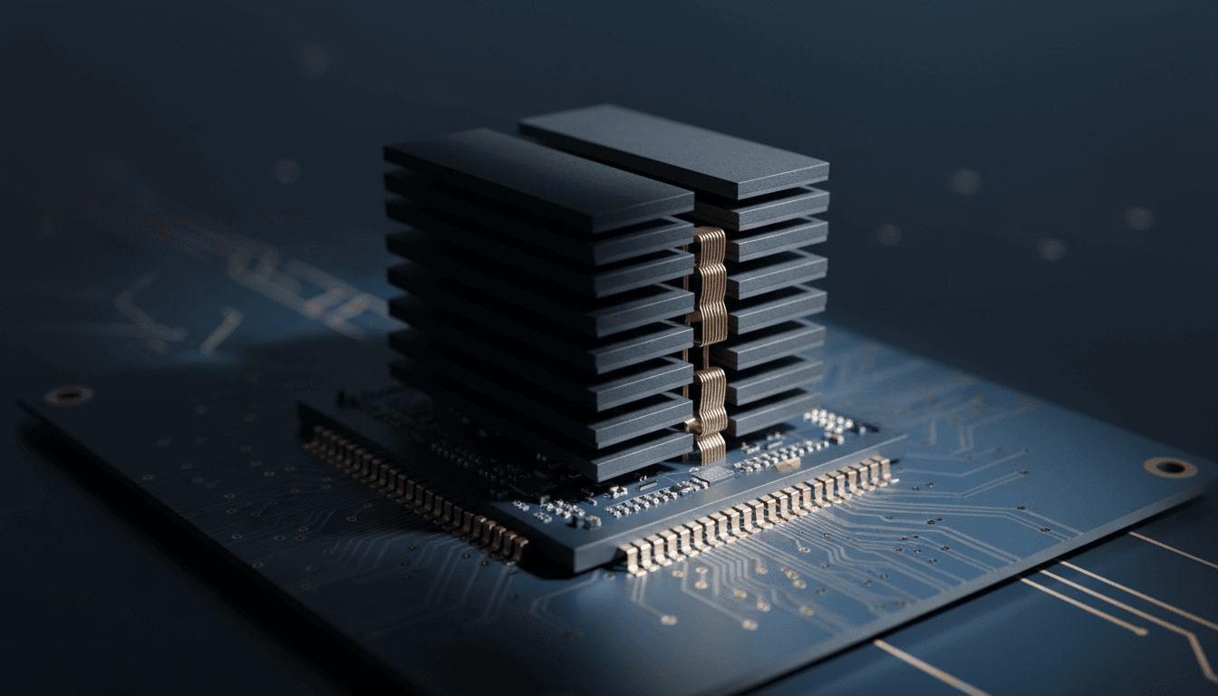 A stack of high-bandwidth memory chip modules mounted on a circuit board, lit sharply from one side so half sits in bright silver clarity and the other falls into deep shadow, evoking a rally losing its footing.