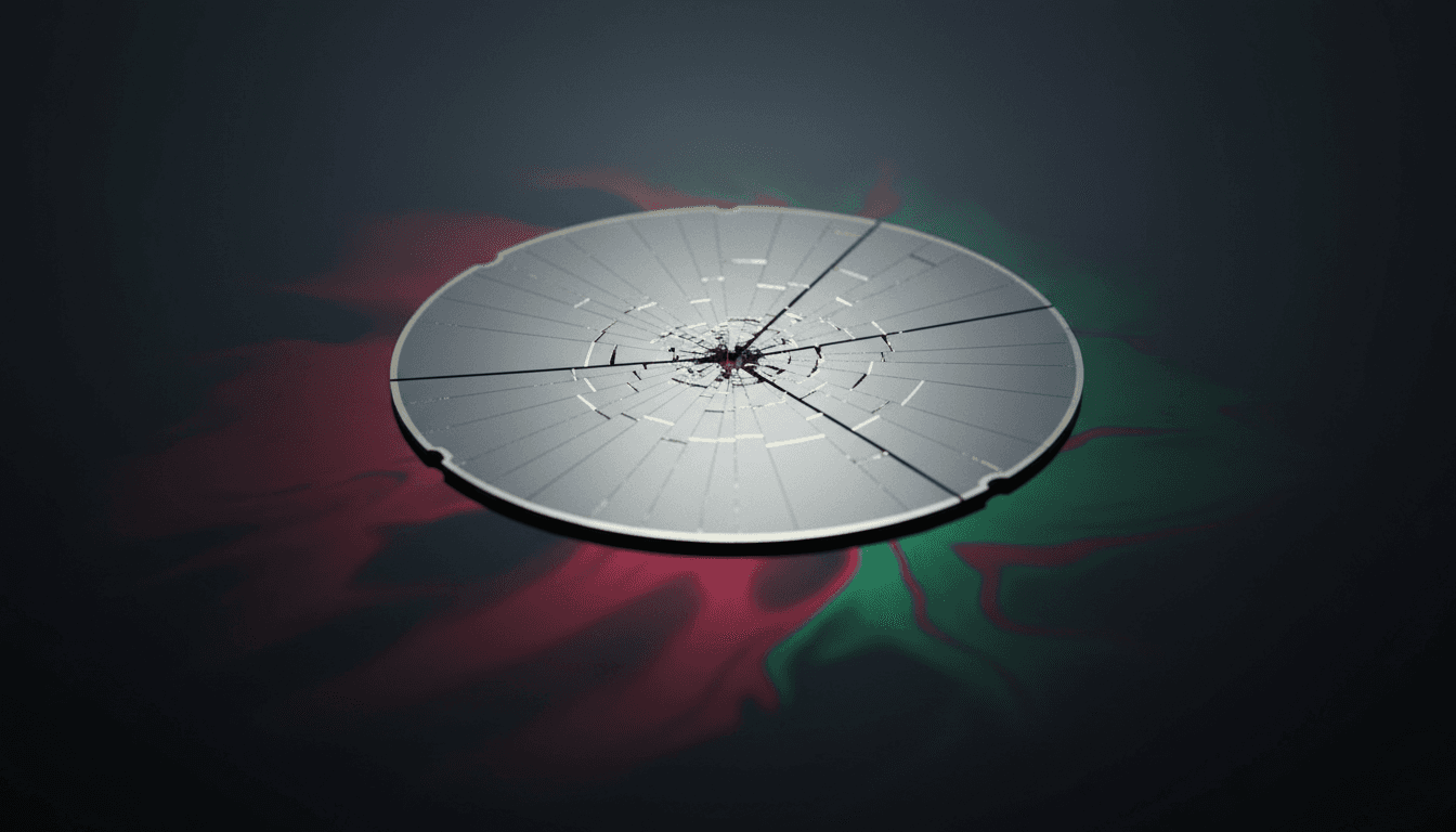A single silicon wafer under sharp studio light, a fine web of fracture lines radiating from its center, resting on a mirror-black surface that reflects a blurred wash of red bleeding into green