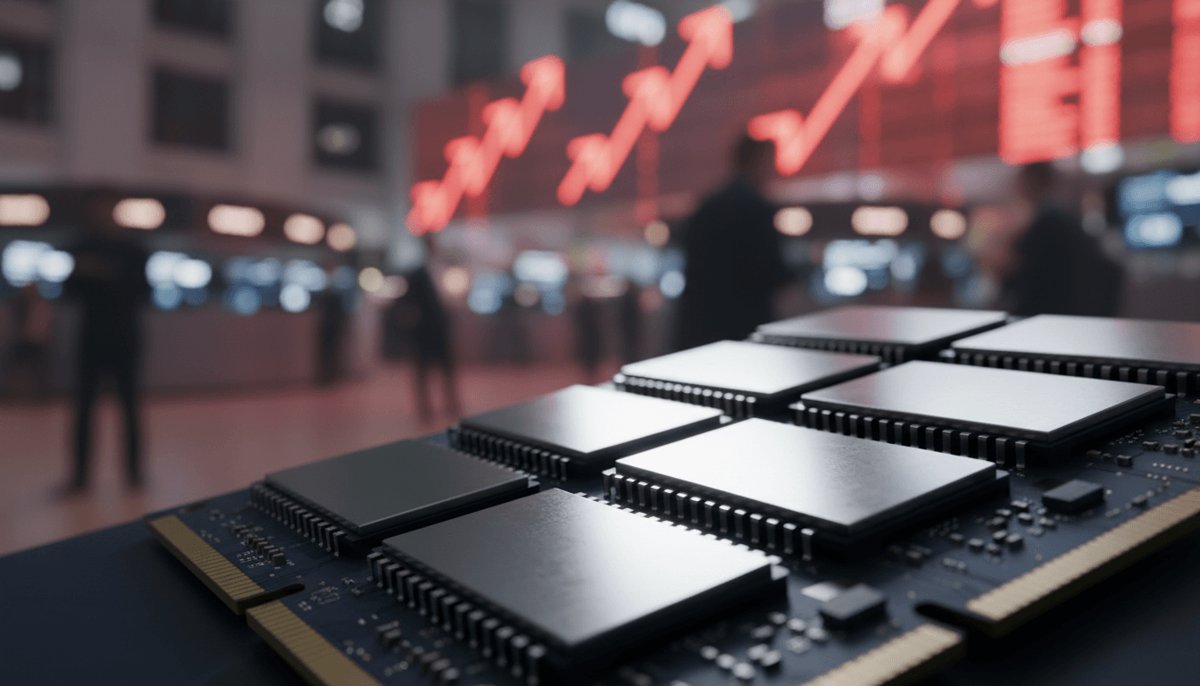 A close-up stack of gleaming silver DRAM memory chip modules on a circuit board, sharply lit and rising toward the camera, set against a blurred backdrop of a red-lit stock exchange trading floor with soft glowing red arrow-shaped light panels — the physical chips crisp and luminous while the market lights behind them blur into a haze of red