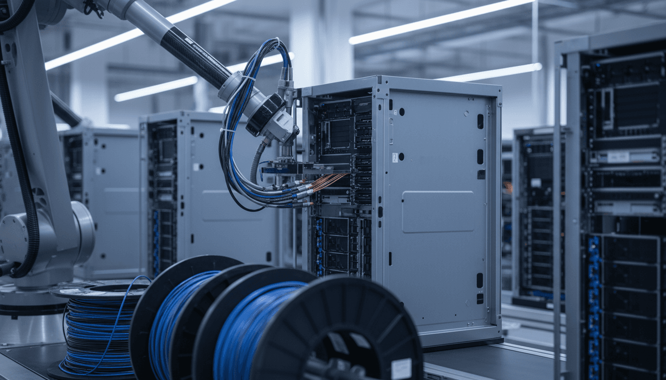 A rack of half-assembled AI servers on a factory line, mechanical arms threading thick copper busbars and coiled liquid-cooling hoses through an open chassis under bright white factory lighting, high-speed interconnect cables spooled in the foreground
