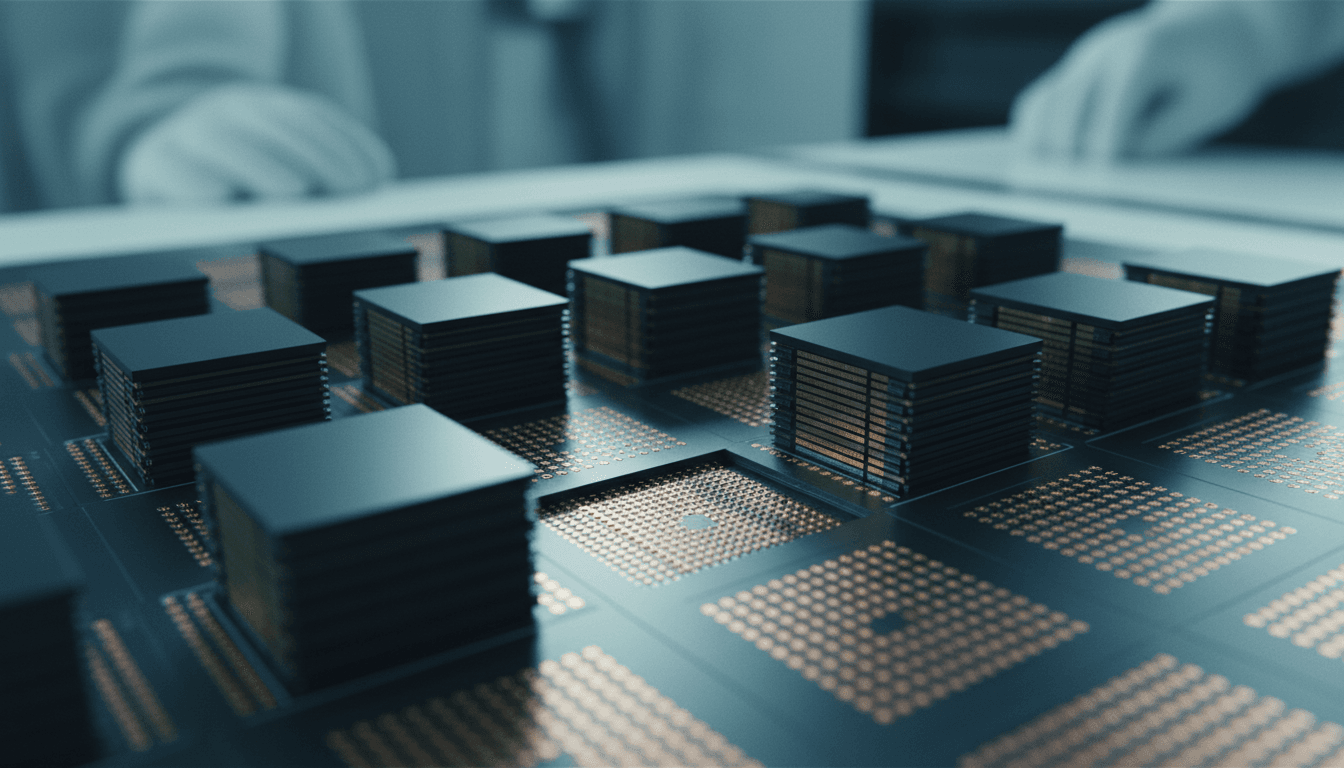 A row of stacked HBM memory chip dies on a silicon interposer under sharp cleanroom light, with one entire stack visibly absent from the array