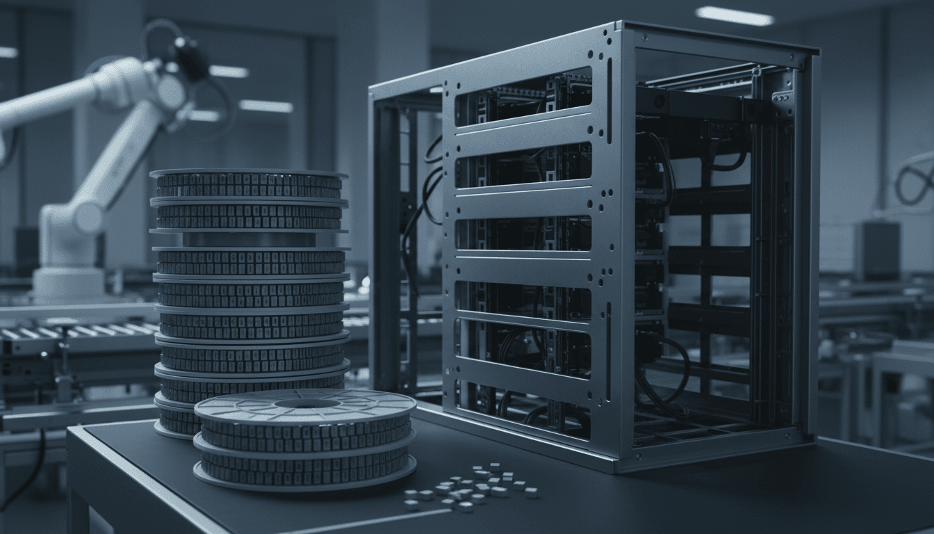 Close-up of stacked reels of tiny grey multilayer ceramic capacitors beside a half-assembled AI server rack chassis on a factory line, dramatic side lighting, shallow depth of field, no people visible